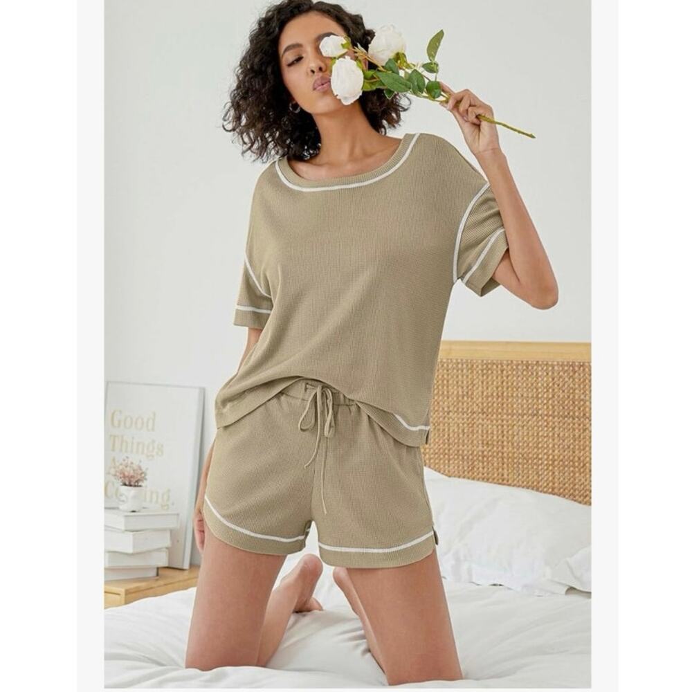 Avidlove Waffle Knit Pajama Set Women’s 2pc Lounge Top & Shorts Beige NEW~NWT